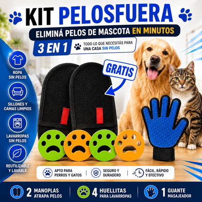 Kit Pelos Fuera | X2 Manoplas - X4 Huellitas - X1 Guante | ENVIO GRATIS